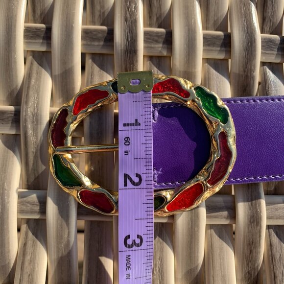 Vintage Purple Leather Statement Gold Buckle Retro 80s 90s Glam Waist Belt - Picture 12 of 13